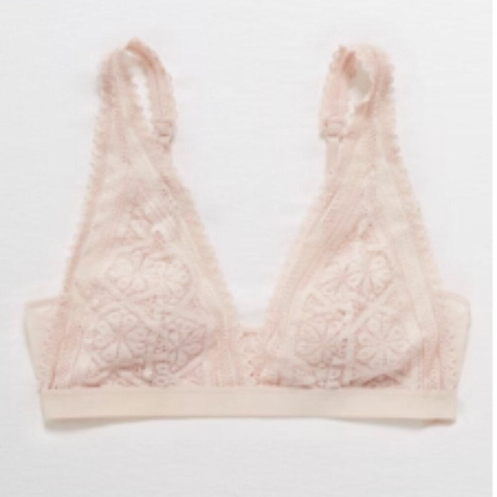 Aerie Triangle Bras XS Bralette Women Lounge Pink Blush Unlined Plunge Lace Mesh